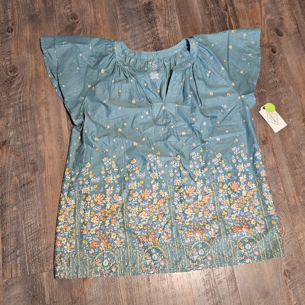 Charming 100% Cotton Spring Floral Blue Blouse
